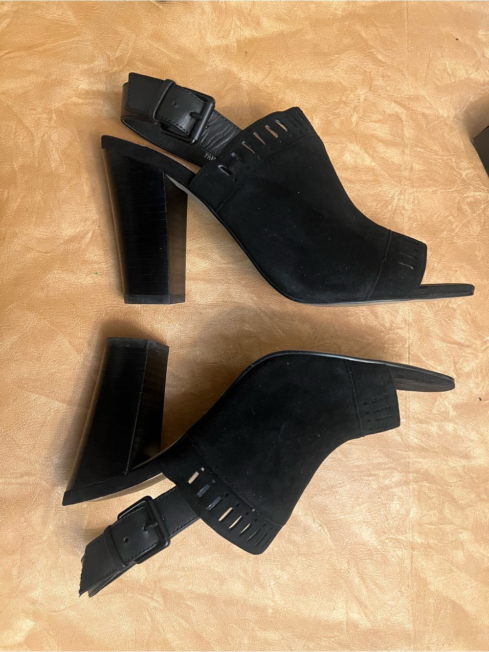 Tahari Black Suede Peep-Toe Slingback Block Heels